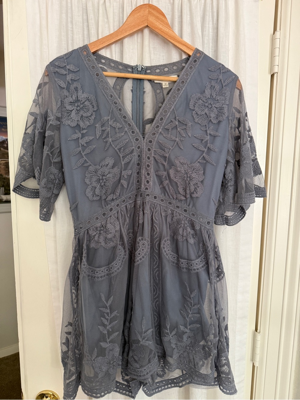 Honey Punch Dusty Blue Lace V-Neck Romper
